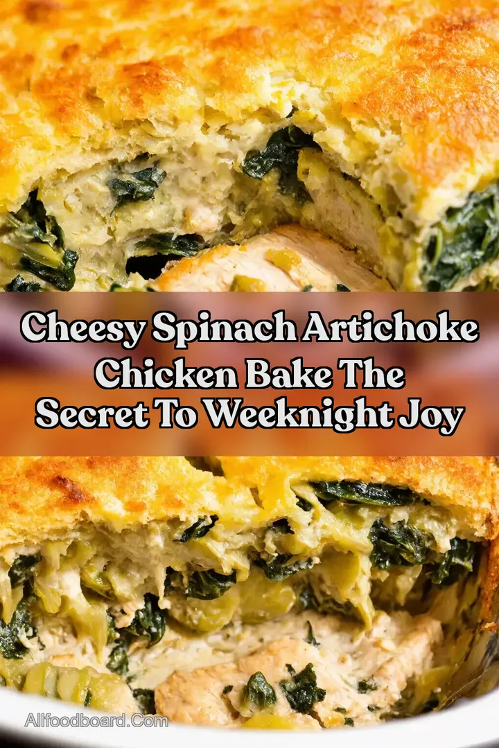 Cheesy Spinach Artichoke Chicken Bake The Secret to Weeknight Joy : PIN FOR LATER Cheesy Spinach Artichoke Chicken Bake The Secret to Weeknight Joy