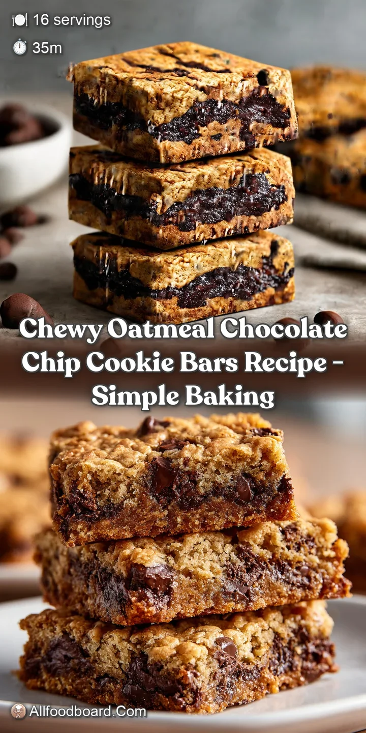 Close-up of a chewy oatmeal chocolate chip cookie bar with glistening melted chocolate, a warm, inviting image showcasing ...