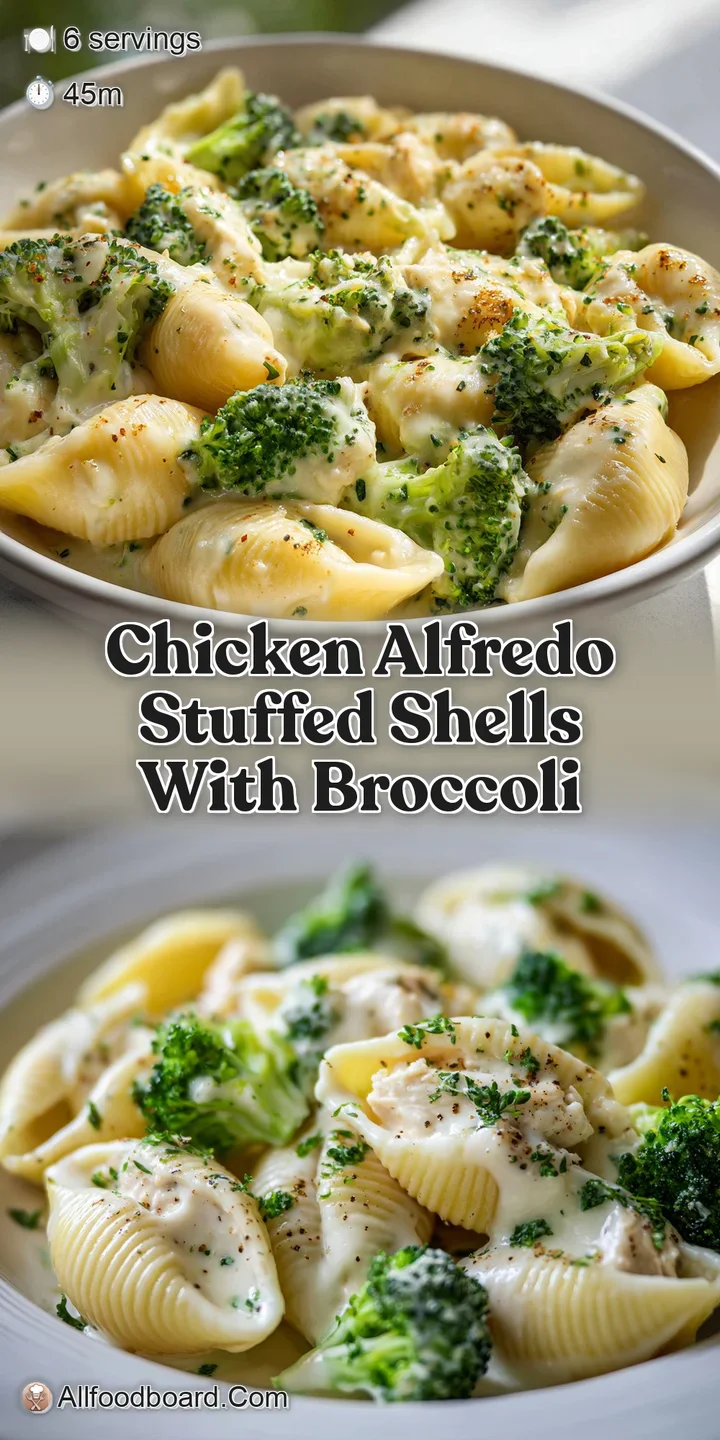 Close-up shot reveals the rich, velvety texture of the Alfredo sauce blanketing the cheesy, steaming stuffed pasta shells.