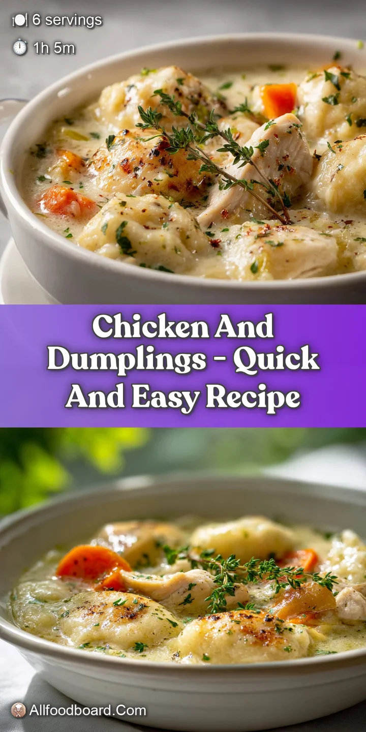 Steaming, creamy chicken and dumplings with plump, tender chicken pieces and soft, pillowy dumplings, inviting and warm.