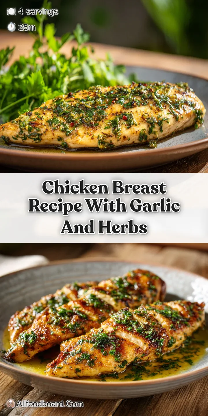 Close-up on a juicy chicken breast, glistening with savory garlic herb butter. The skin is golden-brown, edges slightly cr...