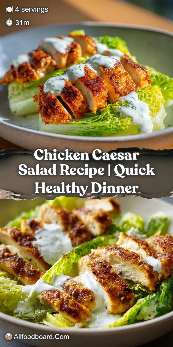 Close-up of creamy white dressing coating crisp green lettuce, golden-brown croutons, and charred chicken strips.