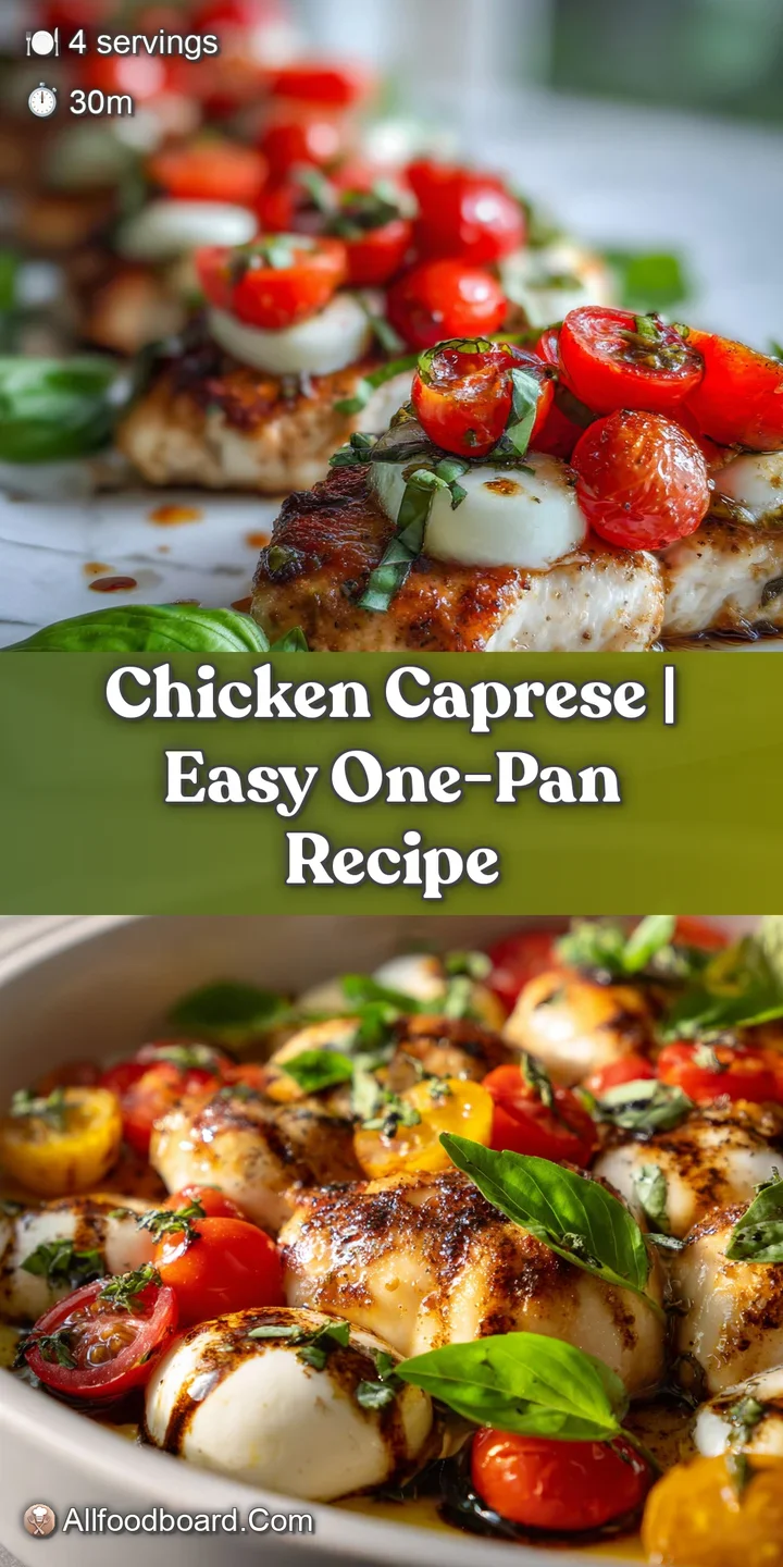 Close-up of a chicken breast topped with melted mozzarella, a burst cherry tomato, & aromatic basil glistening with balsamic.