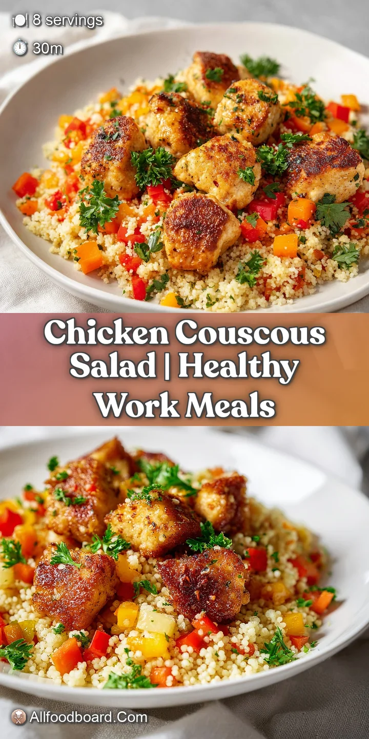 Close-up of juicy golden chicken pieces mixed with tender grains, bright red peppers, and a light lemon glisten.