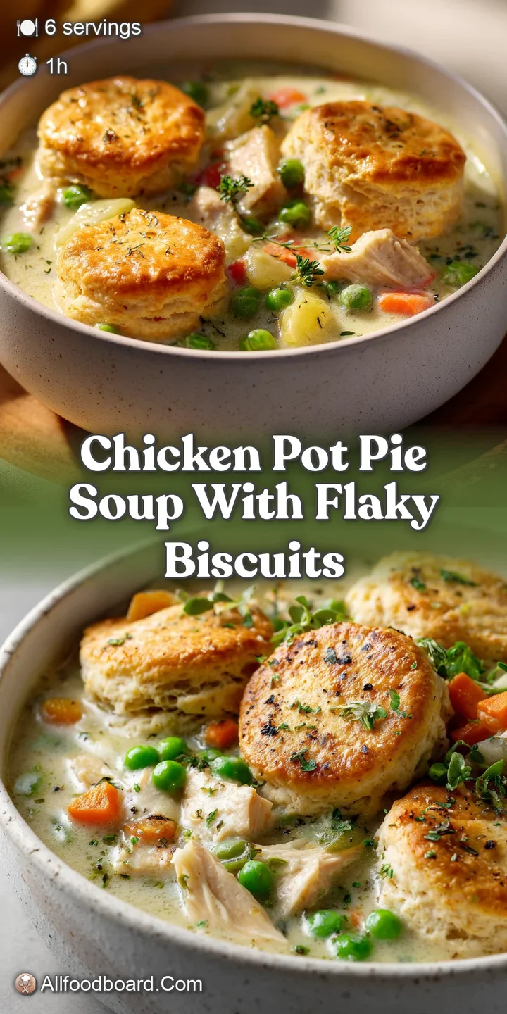 Creamy, close-up shot of velvety chicken pot pie soup with golden brown baked biscuit and fresh herbs in a white bowl.