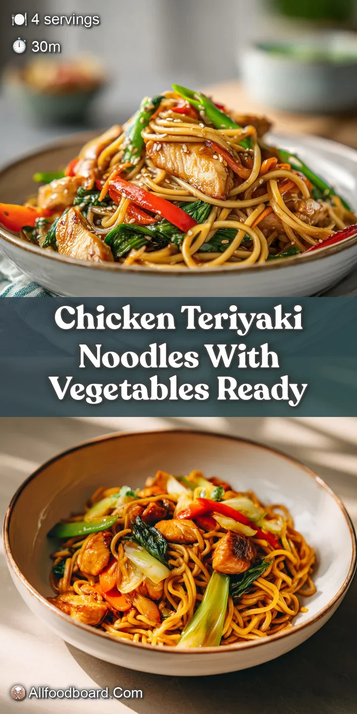 Close-up of glistening teriyaki chicken pieces nestled among steaming noodles and vibrant green broccoli florets; sesame s...