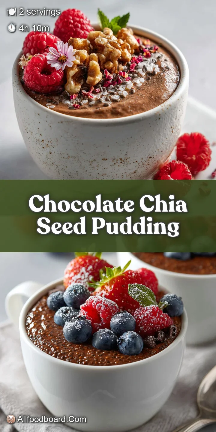 Close-up of dark chocolate chia seed pudding. Glistening surface with visible chia seeds and a dusting of cocoa powder on ...