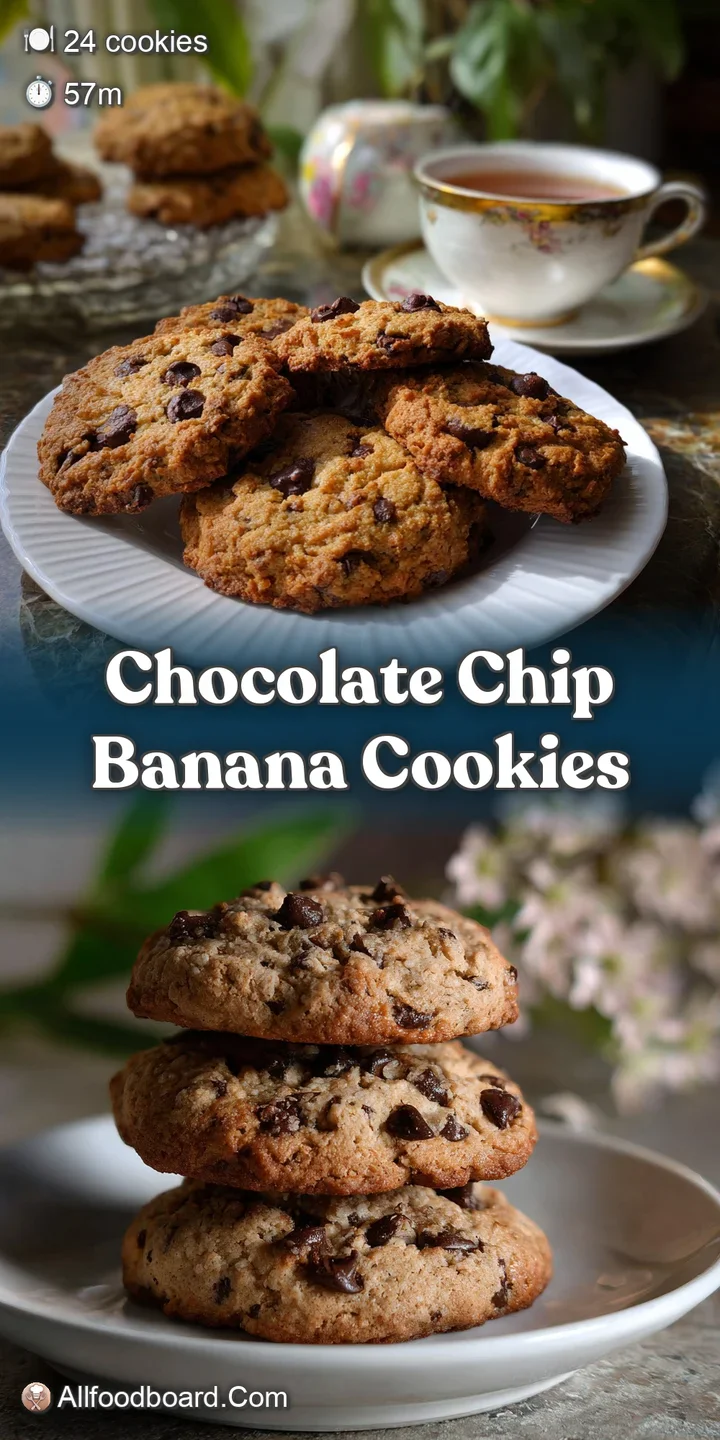 Close-up of a soft, golden-brown chocolate chip banana cookie with gooey melted chocolate, showcasing a moist and slightly...