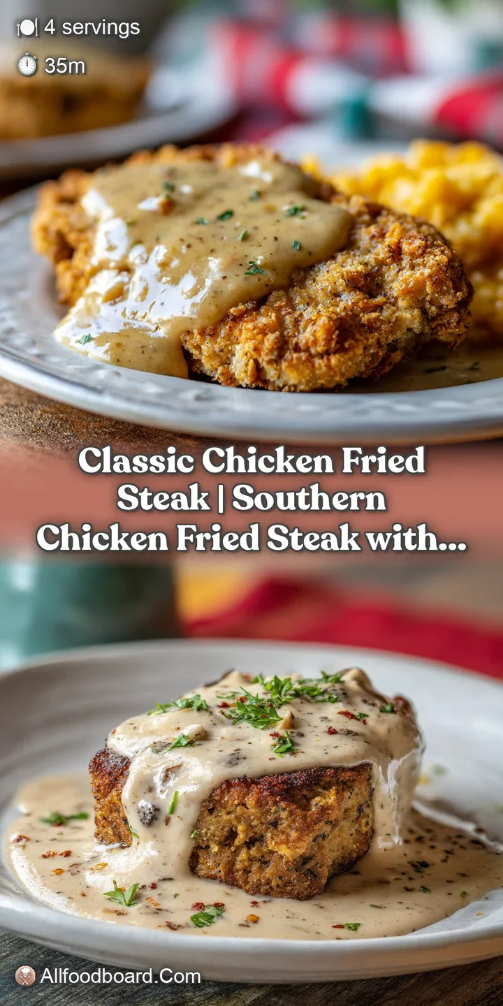 Close-up of a steaming chicken fried steak, glistening with thick, peppery gravy.