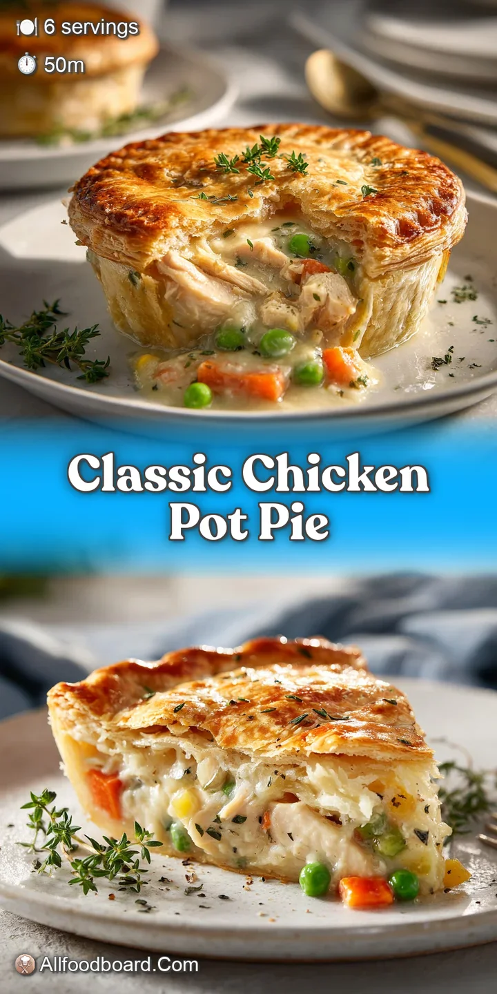Close-up of a chicken pot pie: steam swirling from the savory, creamy filling studded with tender chicken and colorful veg...