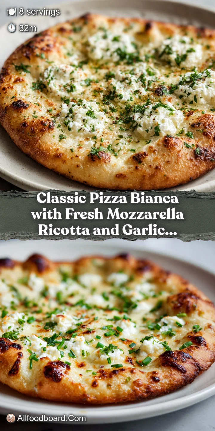 Close-up shot showing a bubbly, blistered pizza crust, with melted mozzarella, creamy ricotta, and fragrant garlic-infused...