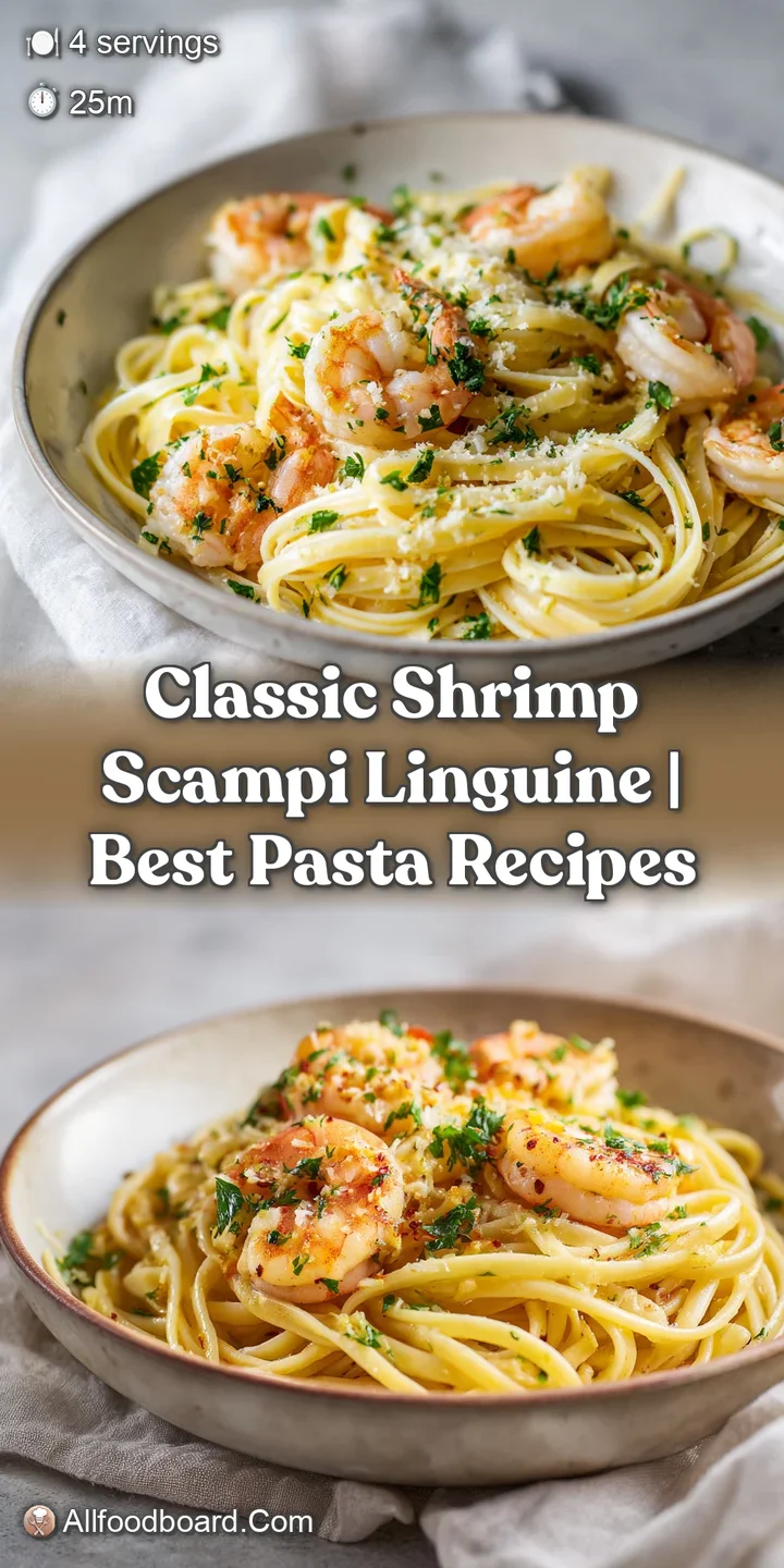 Close-up of al dente linguine coated in rich, glossy scampi sauce with succulent shrimp.