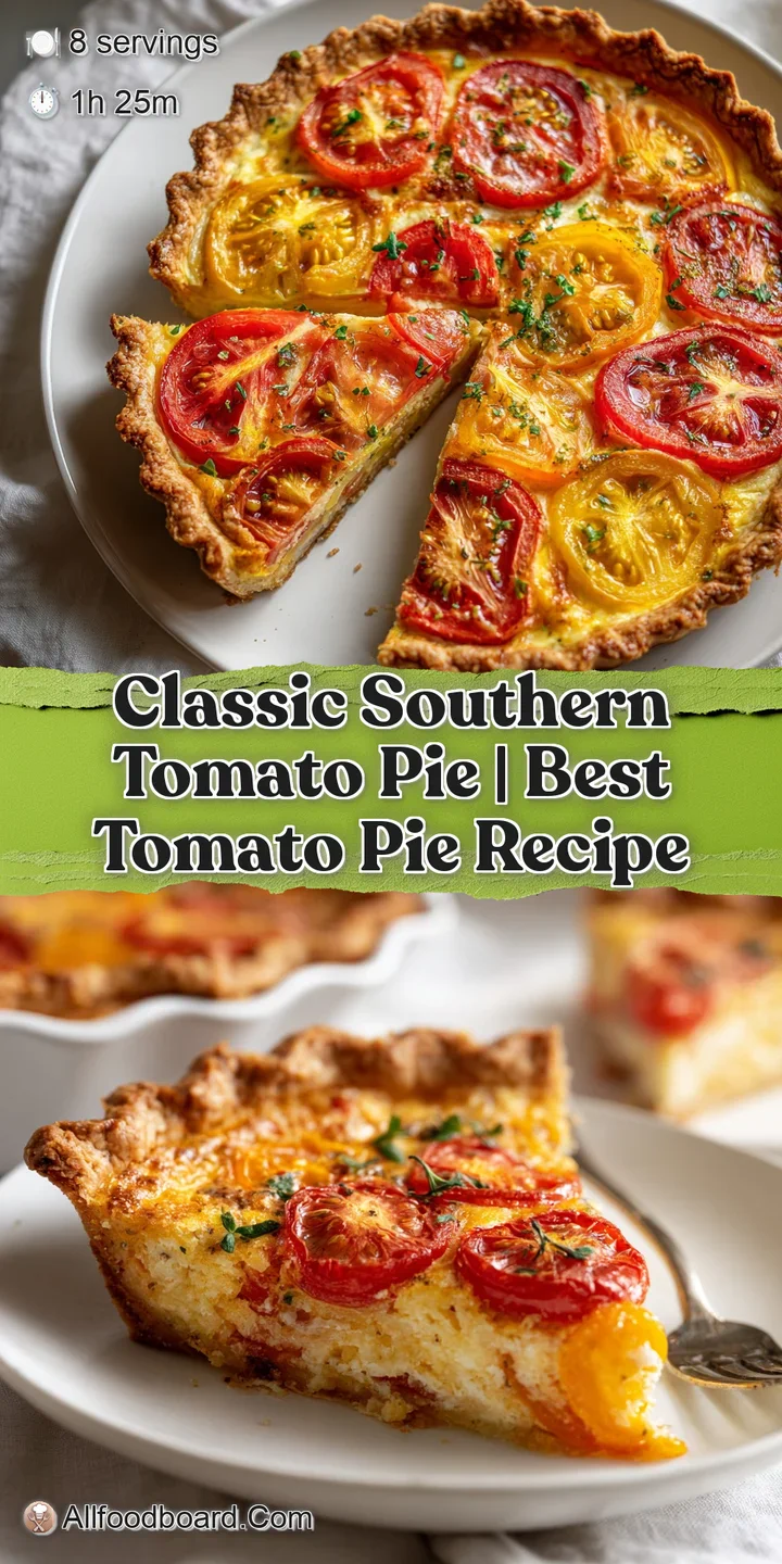 Close-up view of a slice of tomato pie, showcasing flaky crust and vibrant, cooked-down tomatoes.