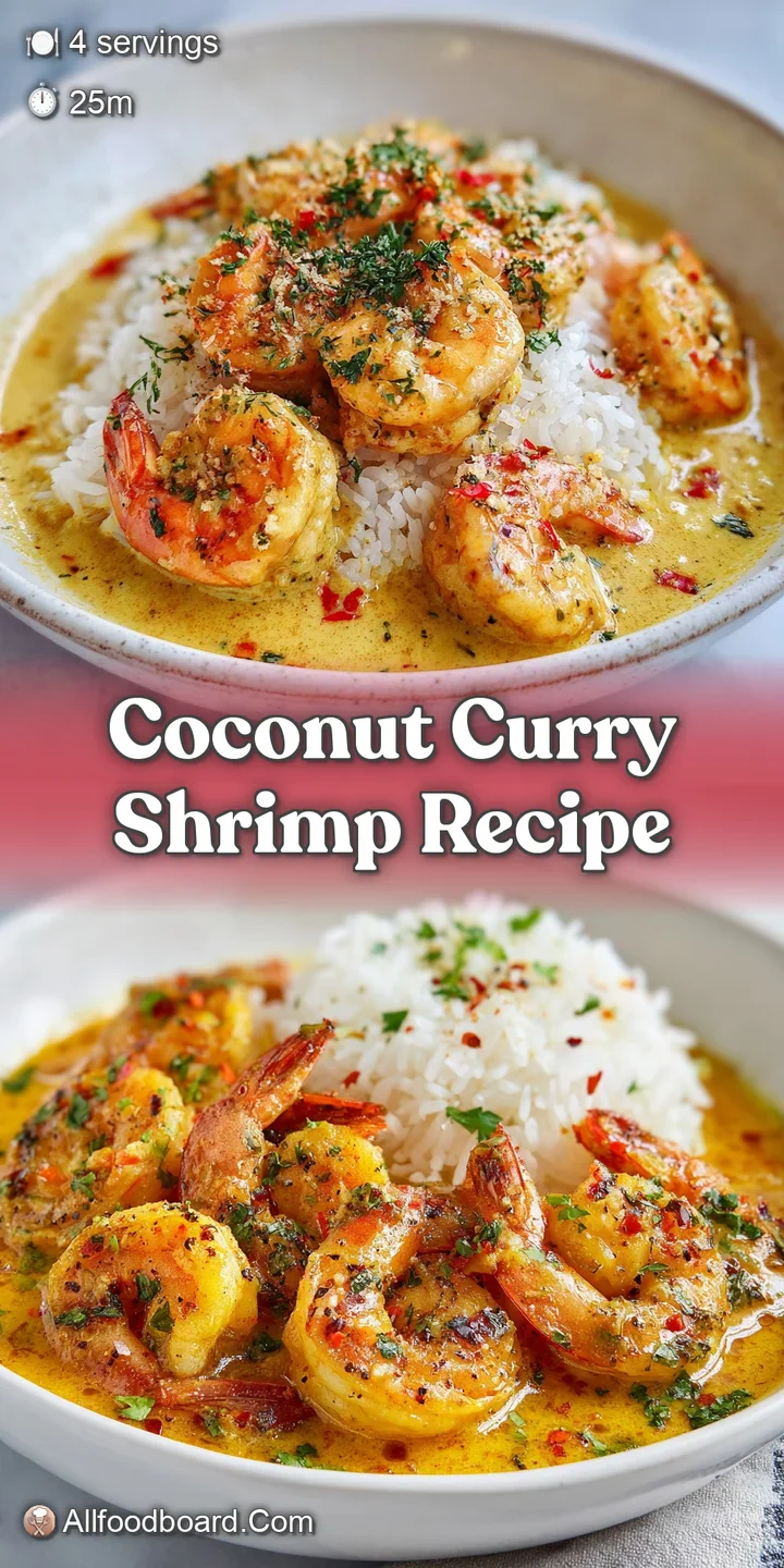 Close-up shows plump shrimp glistening in a rich, golden coconut curry sauce. Bits of fresh green cilantro add pops of col...