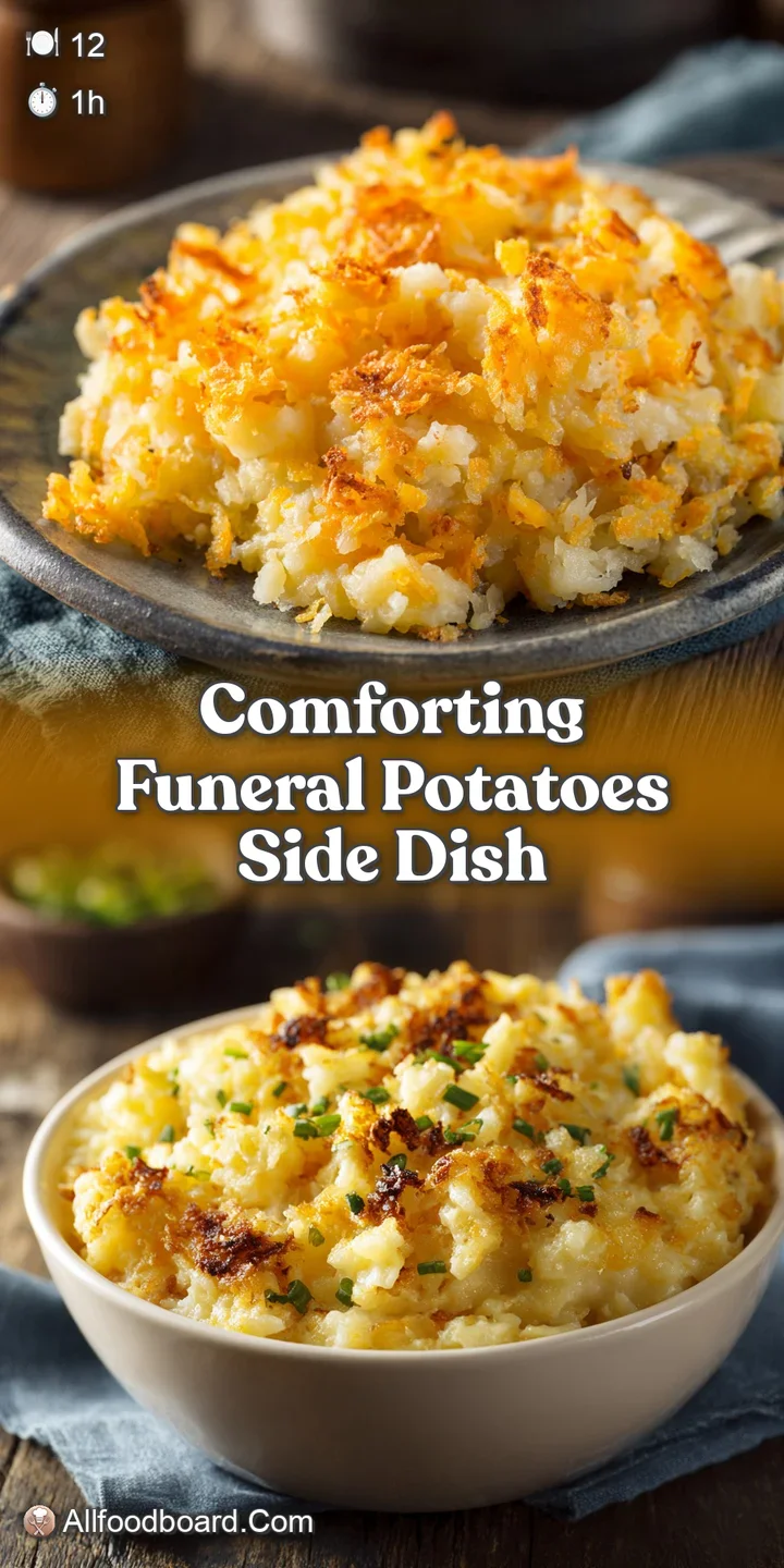 Close-up: golden-brown, crispy cornflake topping over creamy funeral potatoes hints at warm, comforting, cheesy goodness.