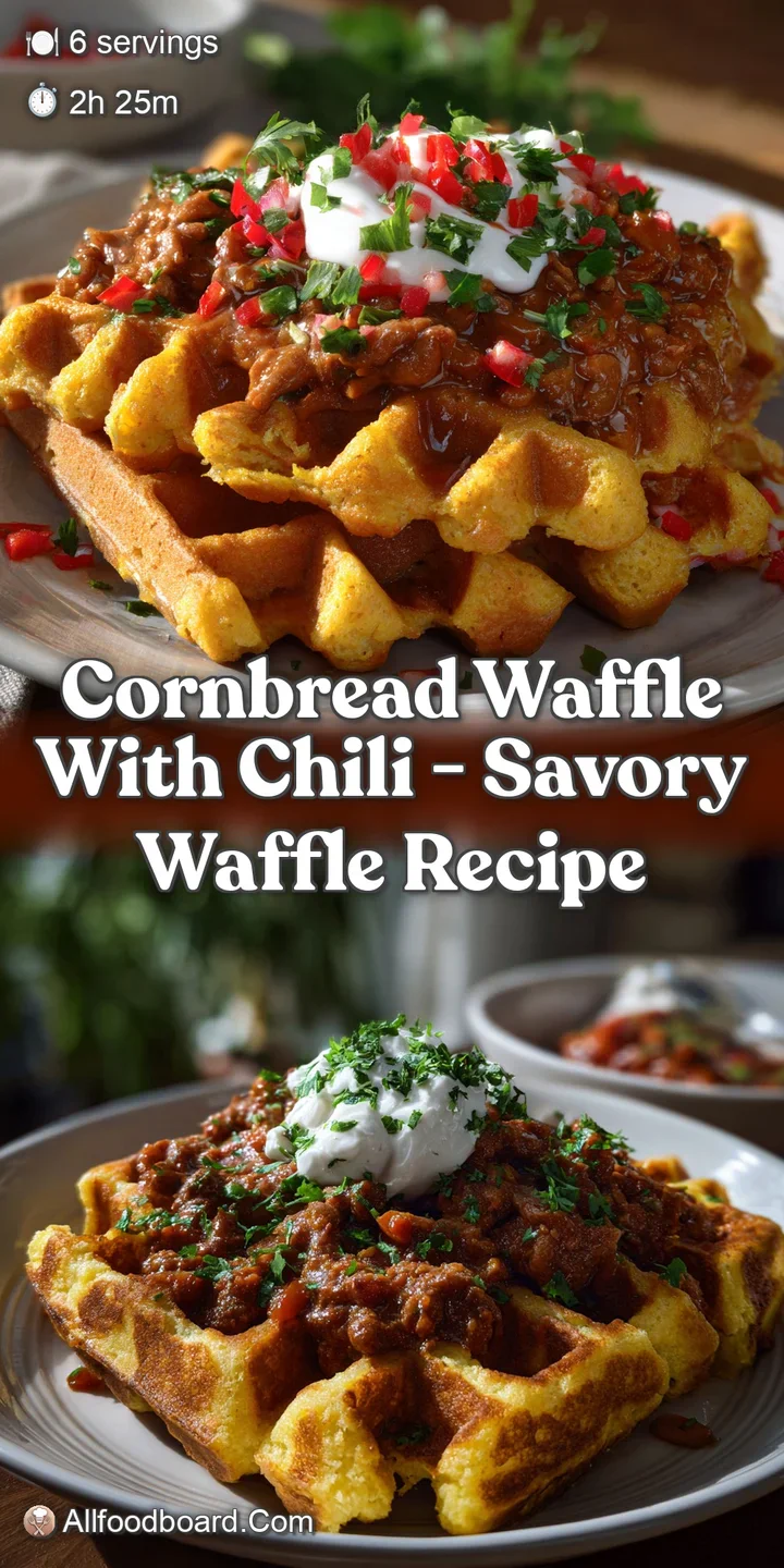 Close-up of a steaming cornbread waffle square, topped with chili. The contrast between crispy, golden-brown waffle and sa...