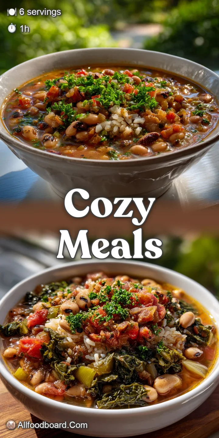 Close-up of a bubbling stew, showcasing tender black-eyed peas, colorful diced vegetables, and a savory broth. Steam risin...