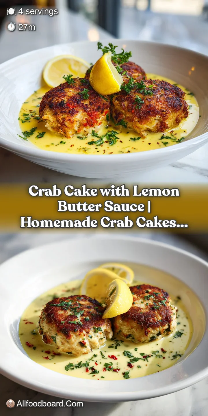 Close-up of a flaky crab cake with a crisp exterior, bathed in bright yellow lemon butter sauce.