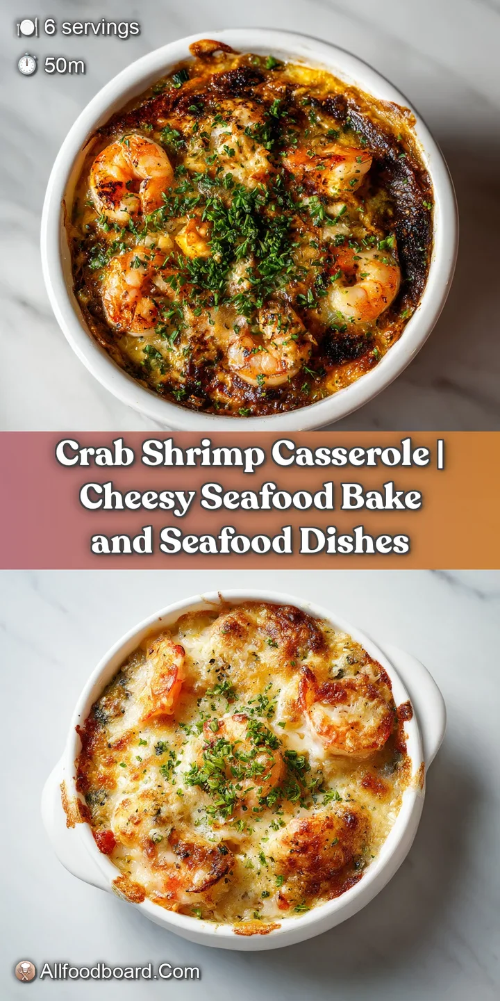 Close-up of tender crab and shrimp in a rich, creamy sauce, baked to a golden-brown perfection.