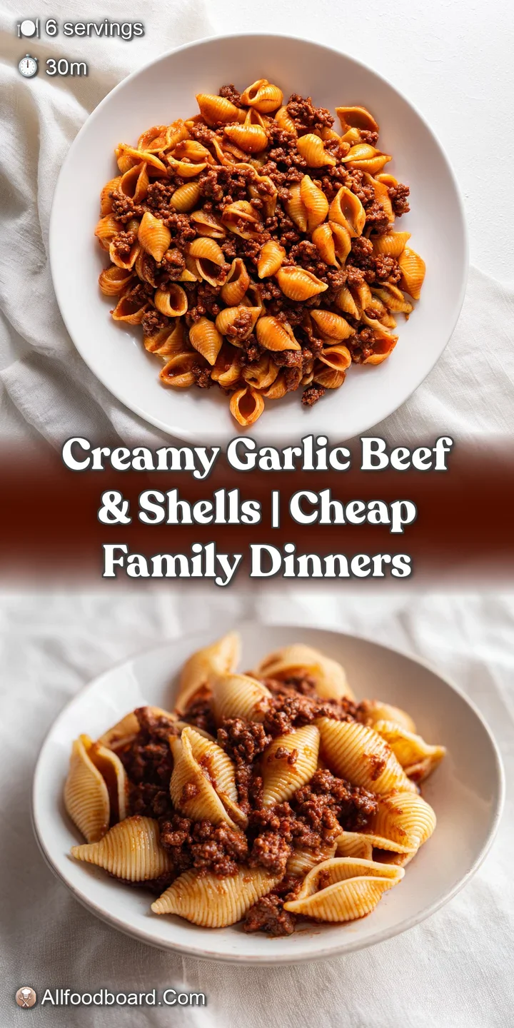 Macro shot of creamy, orange-hued pasta shells coated in a thick sauce with browned beef bits and steaming heat.