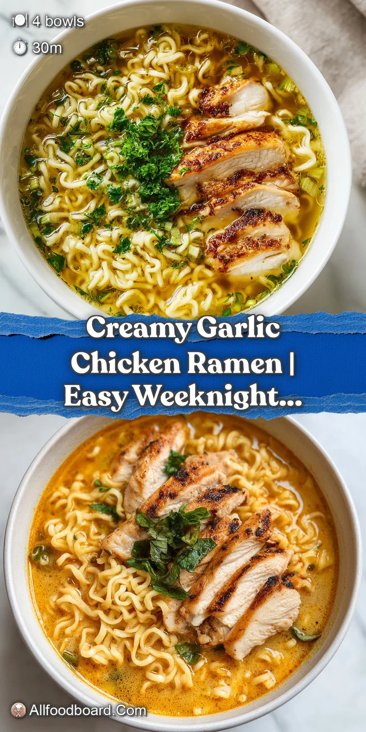 Close-up of glossy, tender chicken slices and curly noodles swimming in a velvety, garlic-infused cream soup.