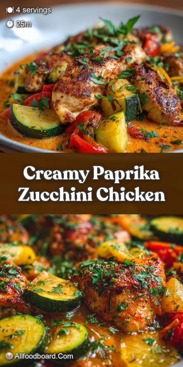 Close-up: creamy paprika sauce clinging to juicy chicken and zucchini; hints of herbs create an appetizing, comforting image.