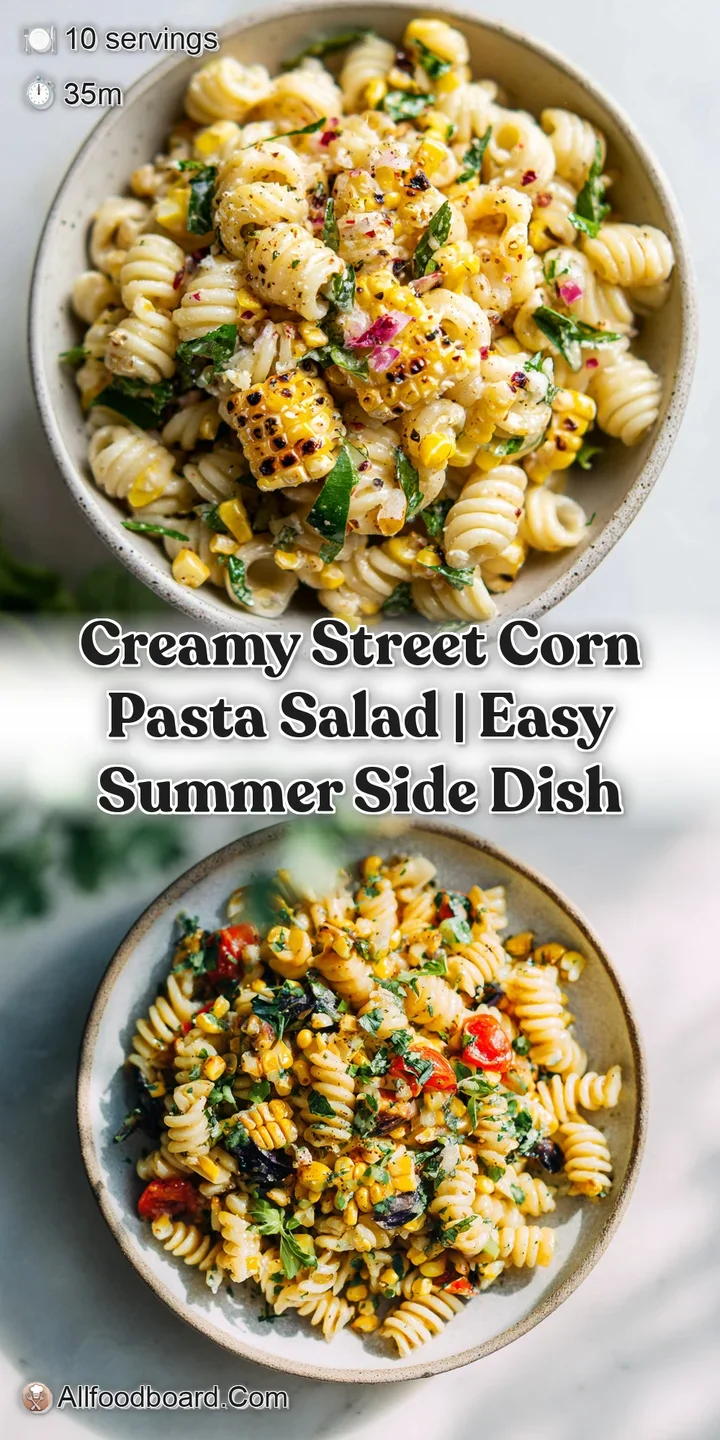 Close-up of creamy pasta salad; charred corn offers a smoky contrast to the vibrant green herbs and luscious sauce. Mouthw...