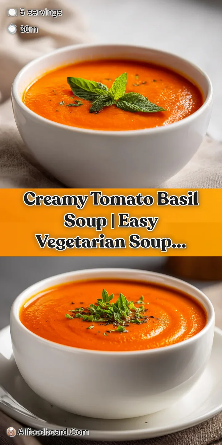 Steaming, rich tomato soup with visible bits of tomato, topped with a swirl of cream and chiffonade of basil.