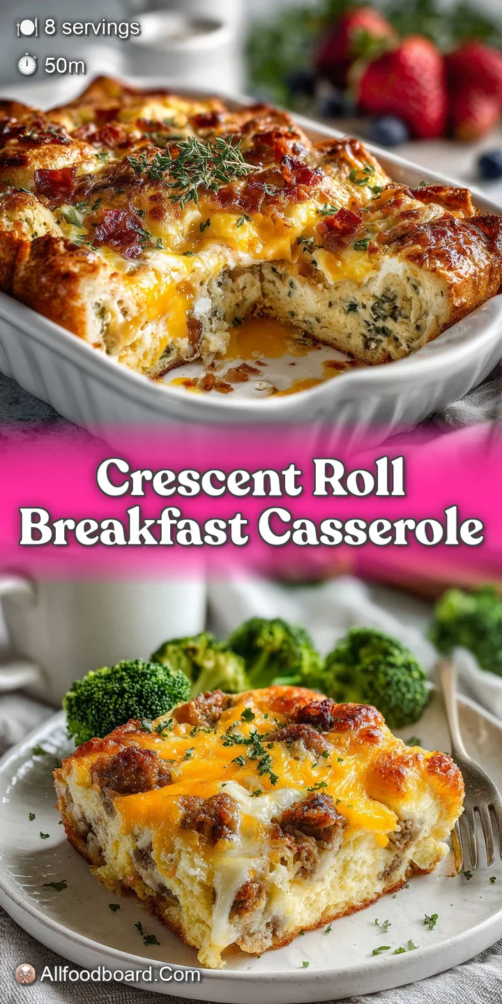 Close-up of a breakfast casserole, showcasing the flaky layers, gooey melted cheddar, and savory sausage within the cresce...