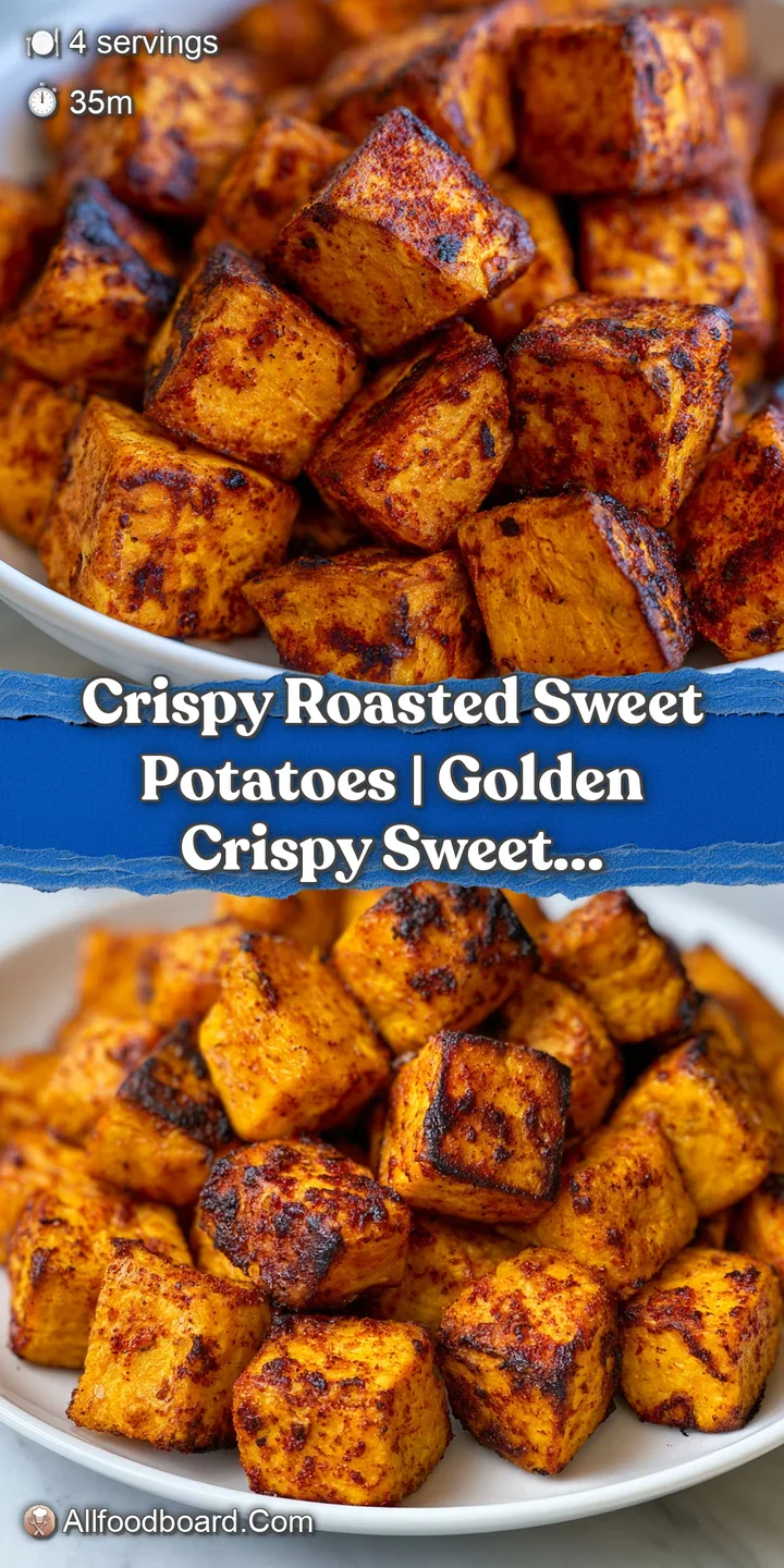 Macro shot of a golden-brown roasted vegetable cube showing a crispy exterior and soft, steaming orange center.