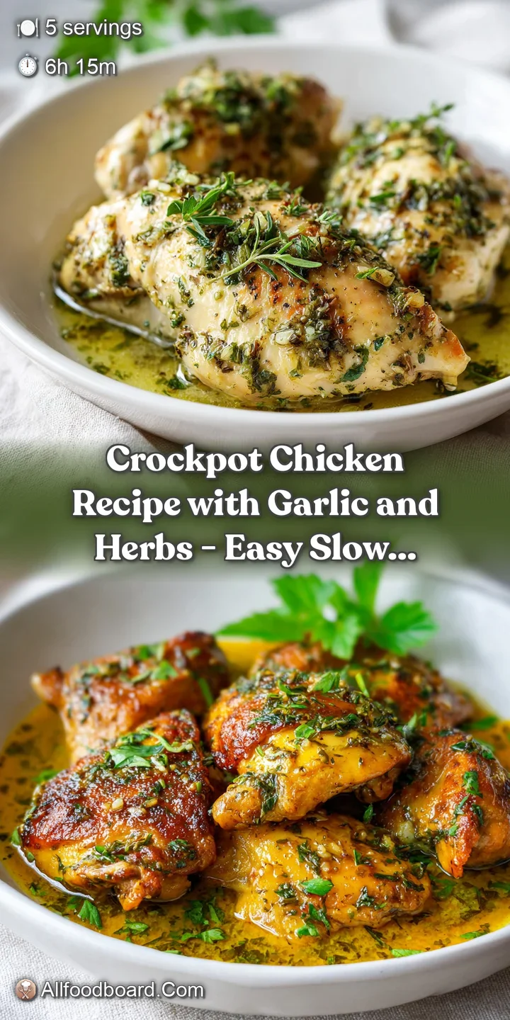 Close-up of tender, juicy chicken simmered in a rich, flavorful sauce. Garlic and herbs are visible, promising an aromatic...