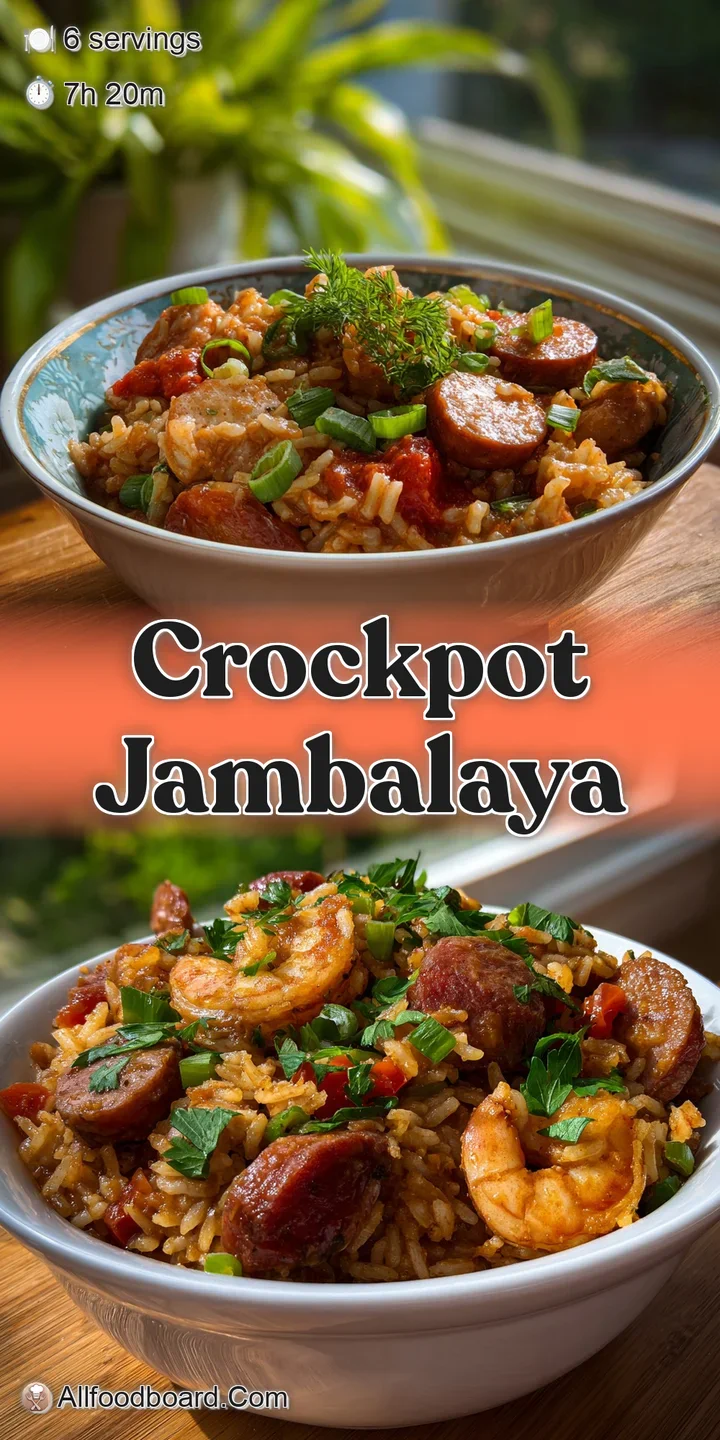 Close-up of steaming jambalaya: juicy sausage, tender shrimp, and soft rice, all coated in a flavorful, deeply colored bro...