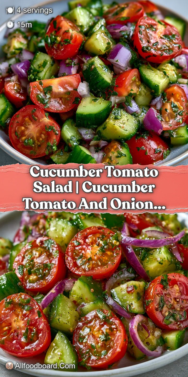 Close-up of juicy tomato chunks and crisp cucumber slices glistening under a light glaze of olive oil and lemon.
