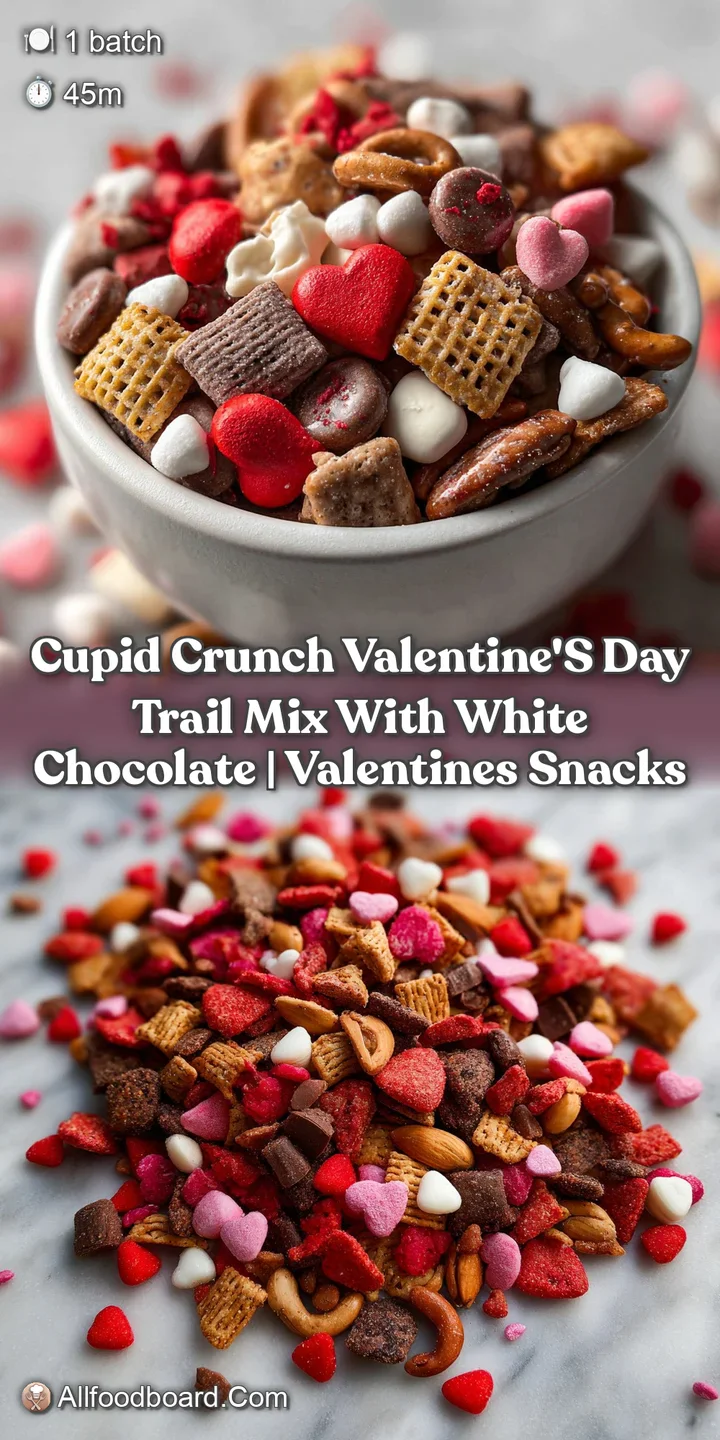 Close-up on Cupid Crunch trail mix. Shiny white chocolate coats crispy cereal, pretzels, and Valentine's-colored candies.