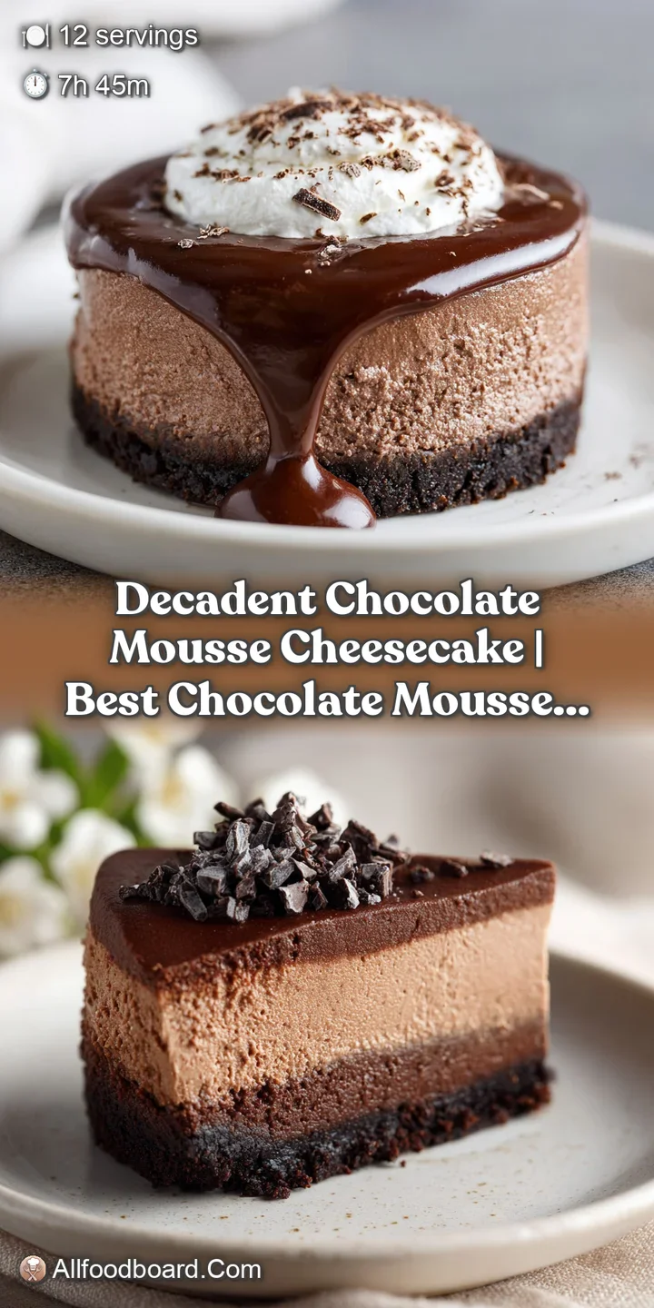 Close-up captures the smooth, velvety texture of a decadent chocolate mousse cheesecake, inviting with its rich, dark colo...