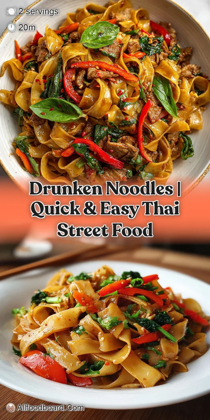 Close-up on tender drunken noodles coated in a rich, dark sauce, showcasing the vibrant green basil and spicy red chilis.