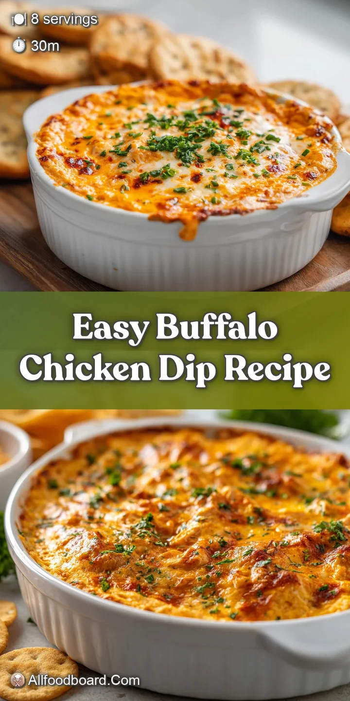 Close-up of warm, cheesy buffalo chicken dip, showing the creamy texture and inviting, slightly spicy appearance of the dish.