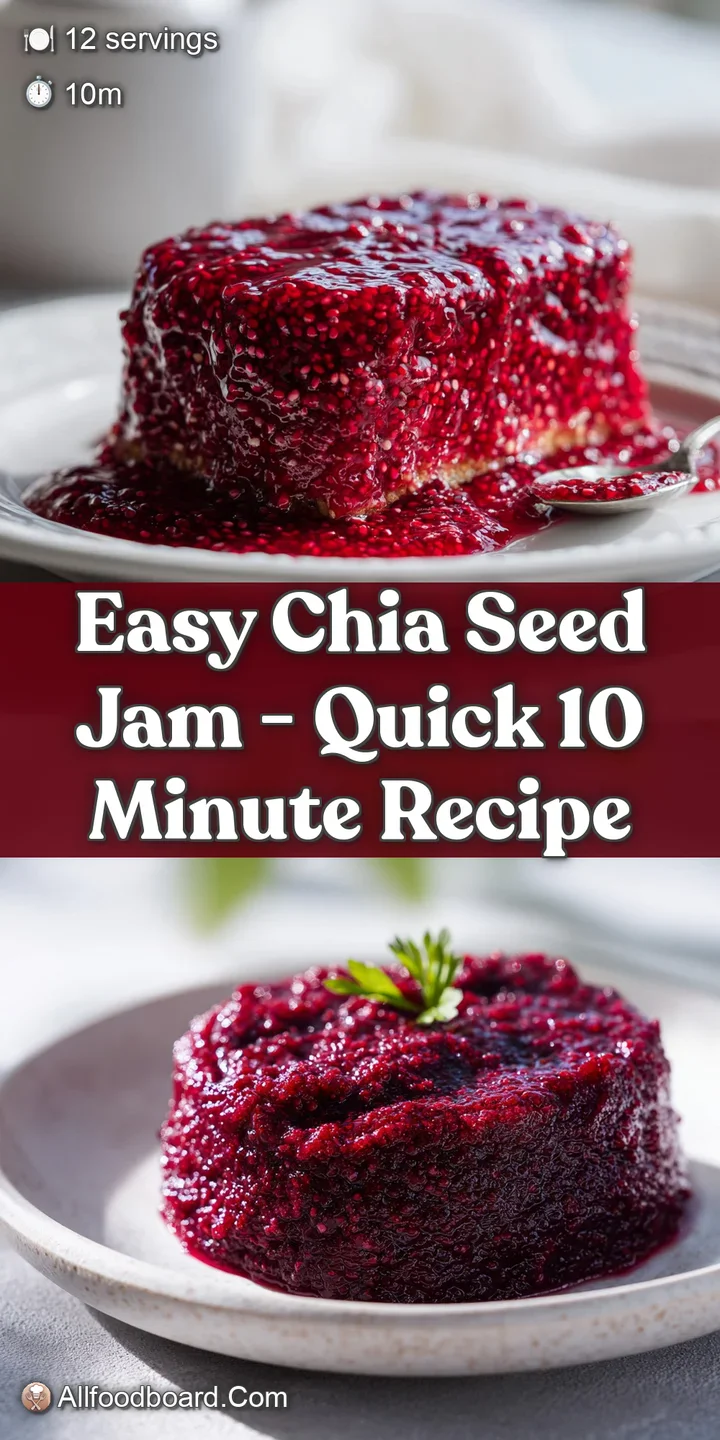 Close-up: Thick, glistening chia seed jam, bursting with fresh berry chunks. A ruby-red, appetizing texture with visible s...