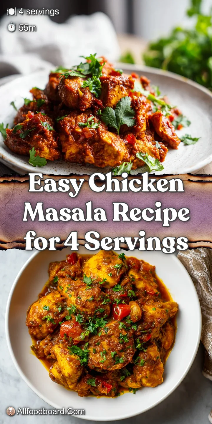 Tender pieces of chicken simmered in a thick, glossy, reddish-brown masala sauce; visible herbs and spices hint at complex...