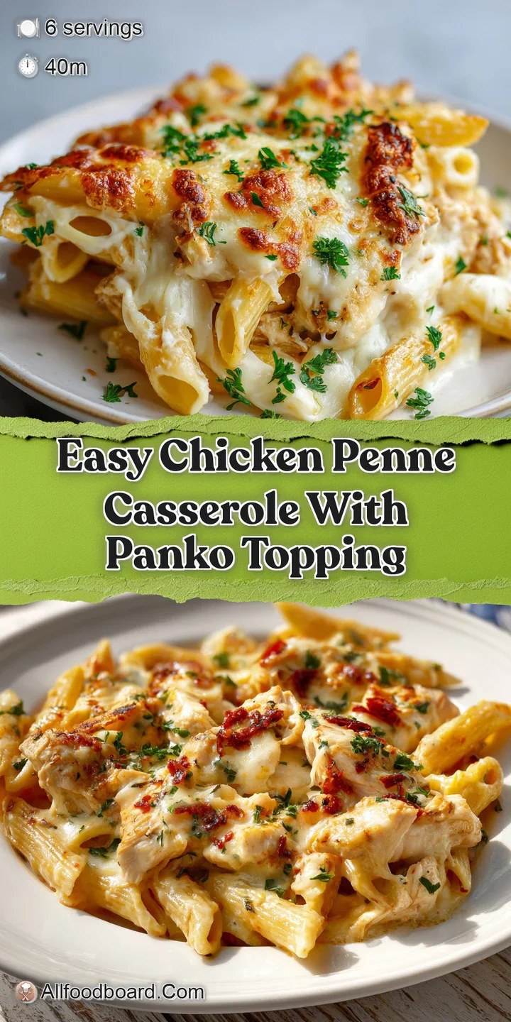 Close-up shot: Creamy chicken and penne bake with a rich, golden, slightly browned topping. Inviting and flavorful!