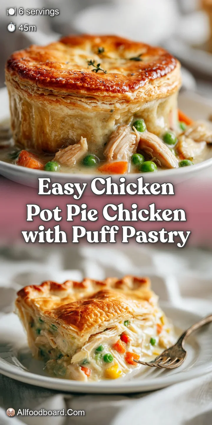 Close-up of a golden, flaky puff pastry crust, revealing a rich and creamy chicken filling with tender vegetables inside.