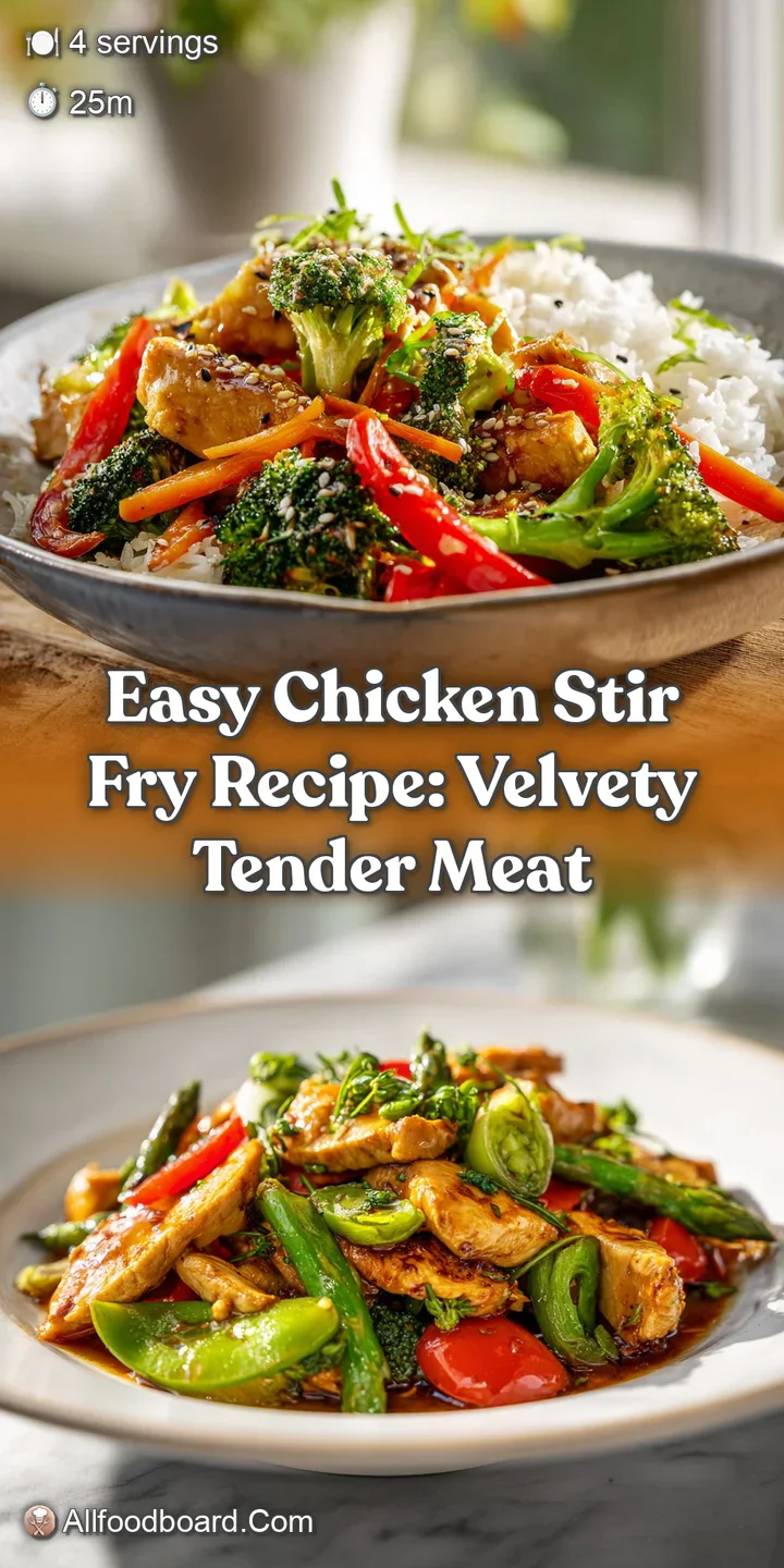 Close-up shot showcasing the caramelized chicken and vibrant vegetables in a rich, glossy stir-fry sauce. An inviting, tem...