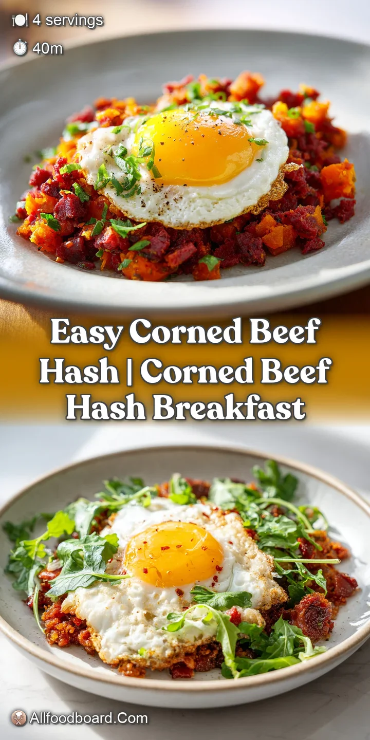 Close-up of corned beef hash: golden-brown potatoes, savory meat, and a glistening fried egg, promising a hearty bite.