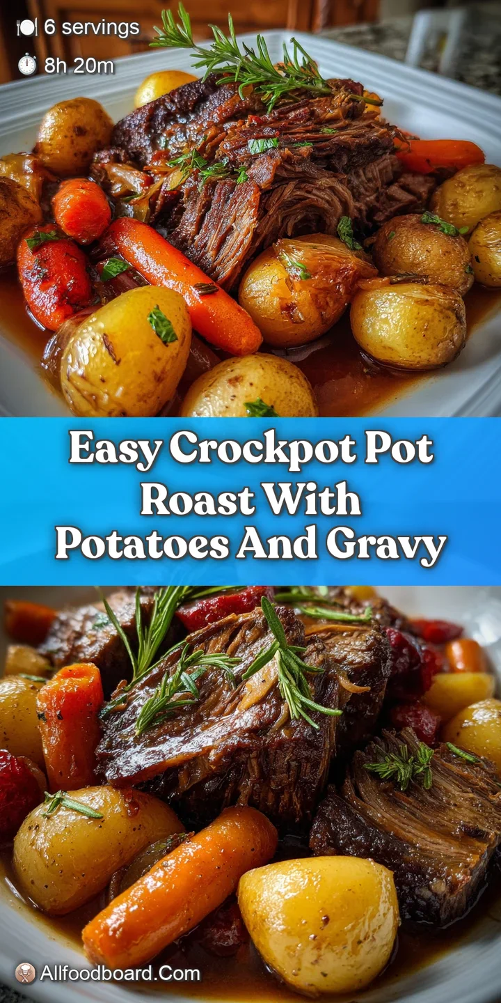 Close-up of succulent, fall-apart pot roast, swimming in savory dark gravy, highlighting tender textures and rich, meaty a...