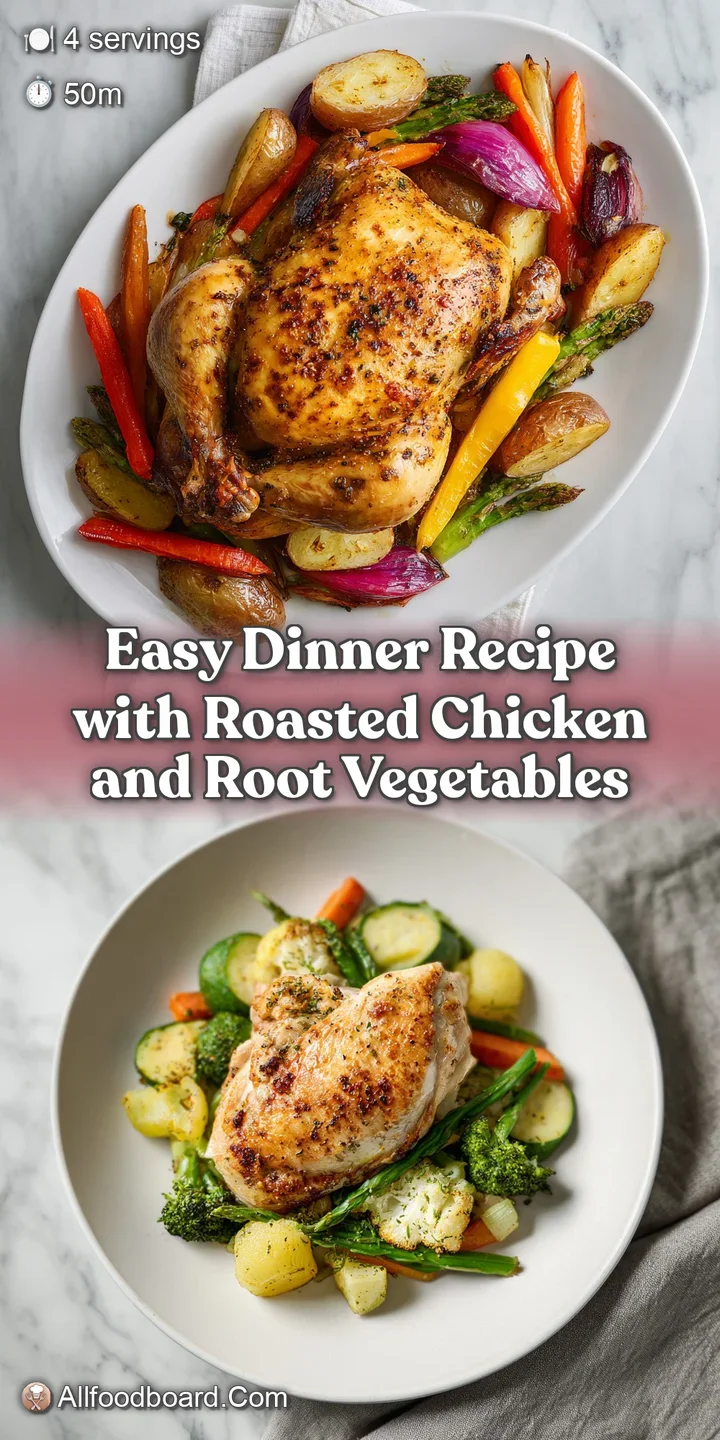 Close-up of juicy roasted chicken with glistening skin and colorful roasted vegetables, showing textures. Perfectly cooked...