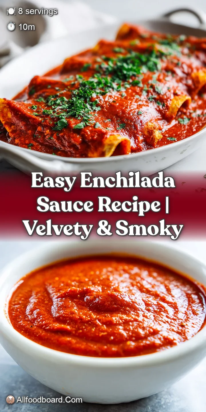 Close-up of bright red enchilada sauce, glossy and rich. Visible chili powder and spice flecks create a mouthwatering, sav...