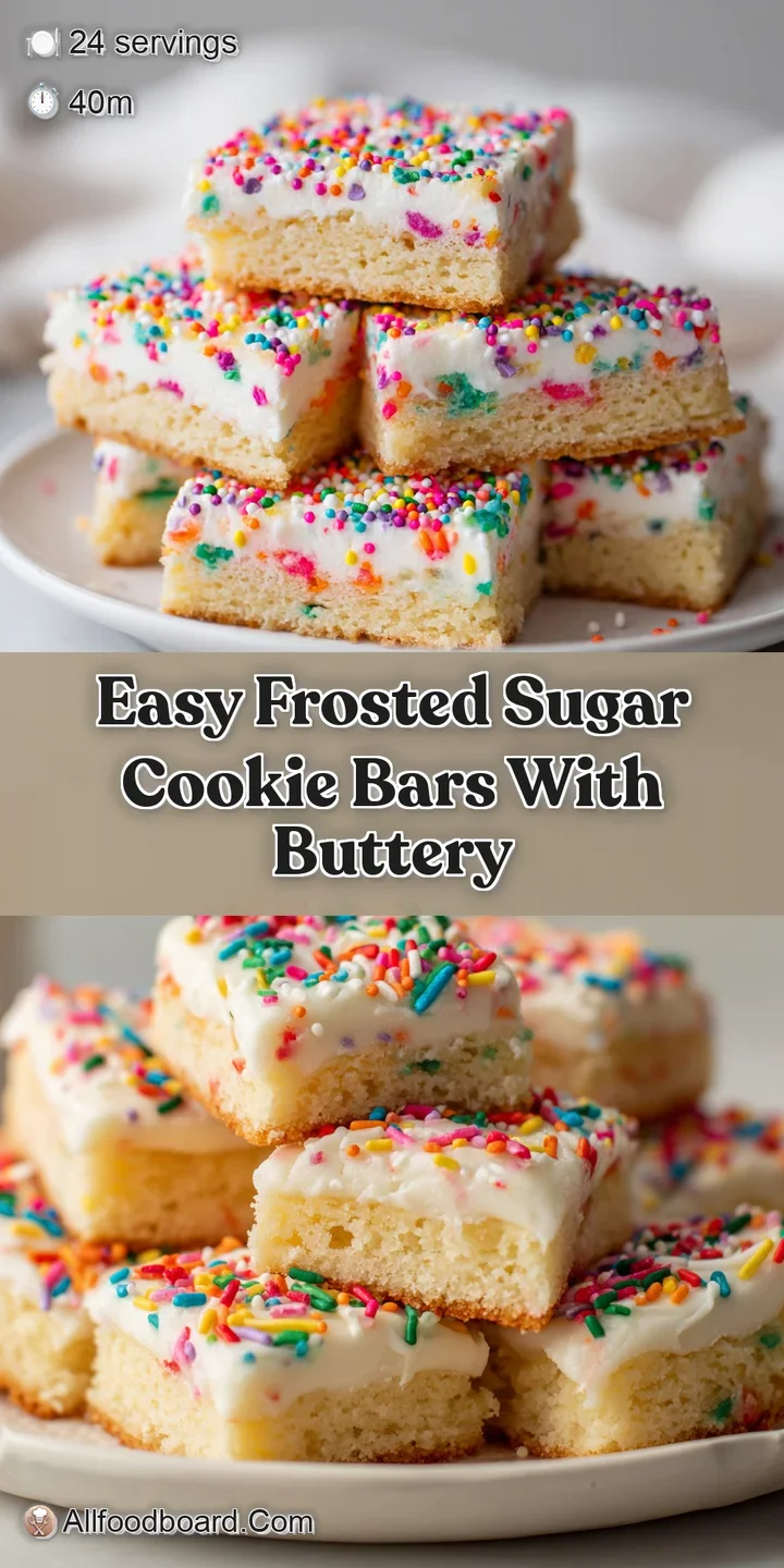 Close-up of a frosted sugar cookie bar: rich, creamy frosting swirled with pastel colors, festive sprinkles, and a soft base.