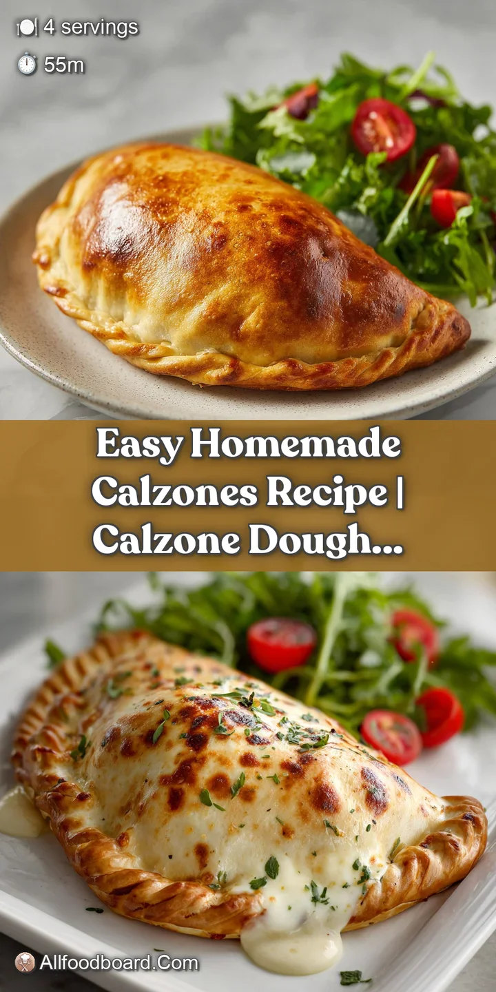 Close-up of a golden calzone, showcasing a bubbling cheese and sauce filling, with blistered crust and herbs scattered nea...