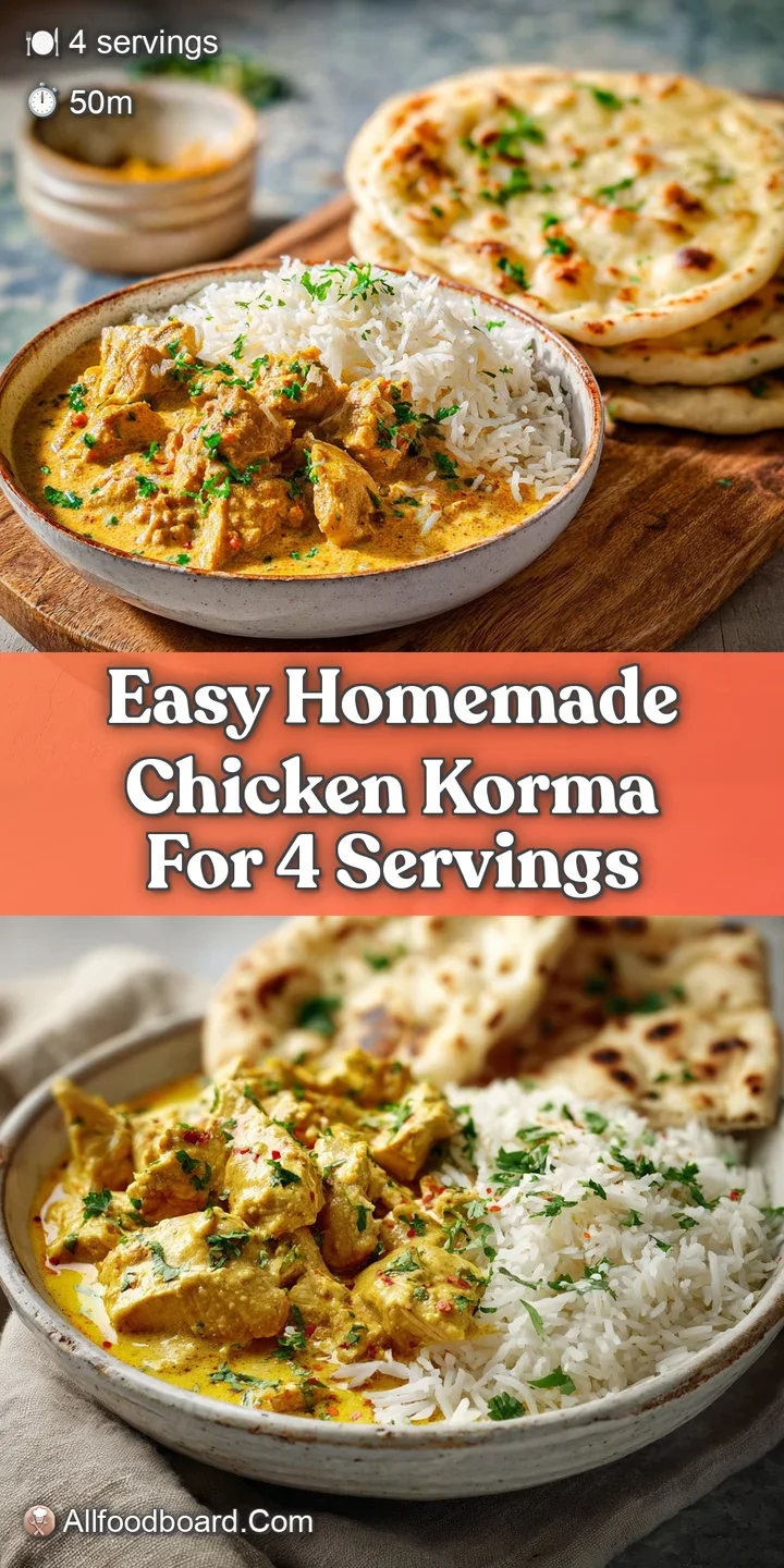 Close-up of shimmering, rich chicken korma. Creamy sauce glistening, tender chicken and fresh cilantro visible.