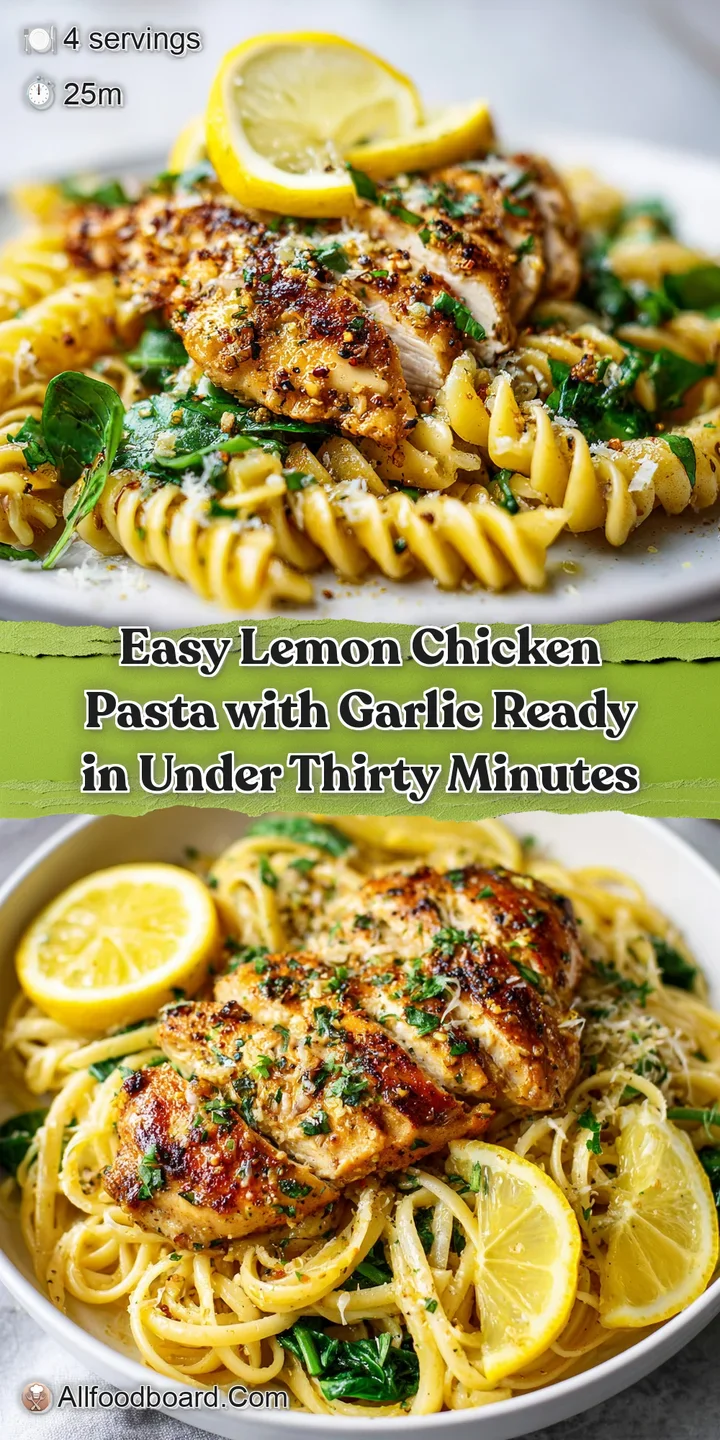Close-up of lemon chicken pasta with garlic. See the creamy sauce clinging to each noodle and glistening bits of browned g...